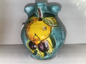 Italian Pottery Vase Creamer Signed Mottled Green Lemon Fruit Heavyweight